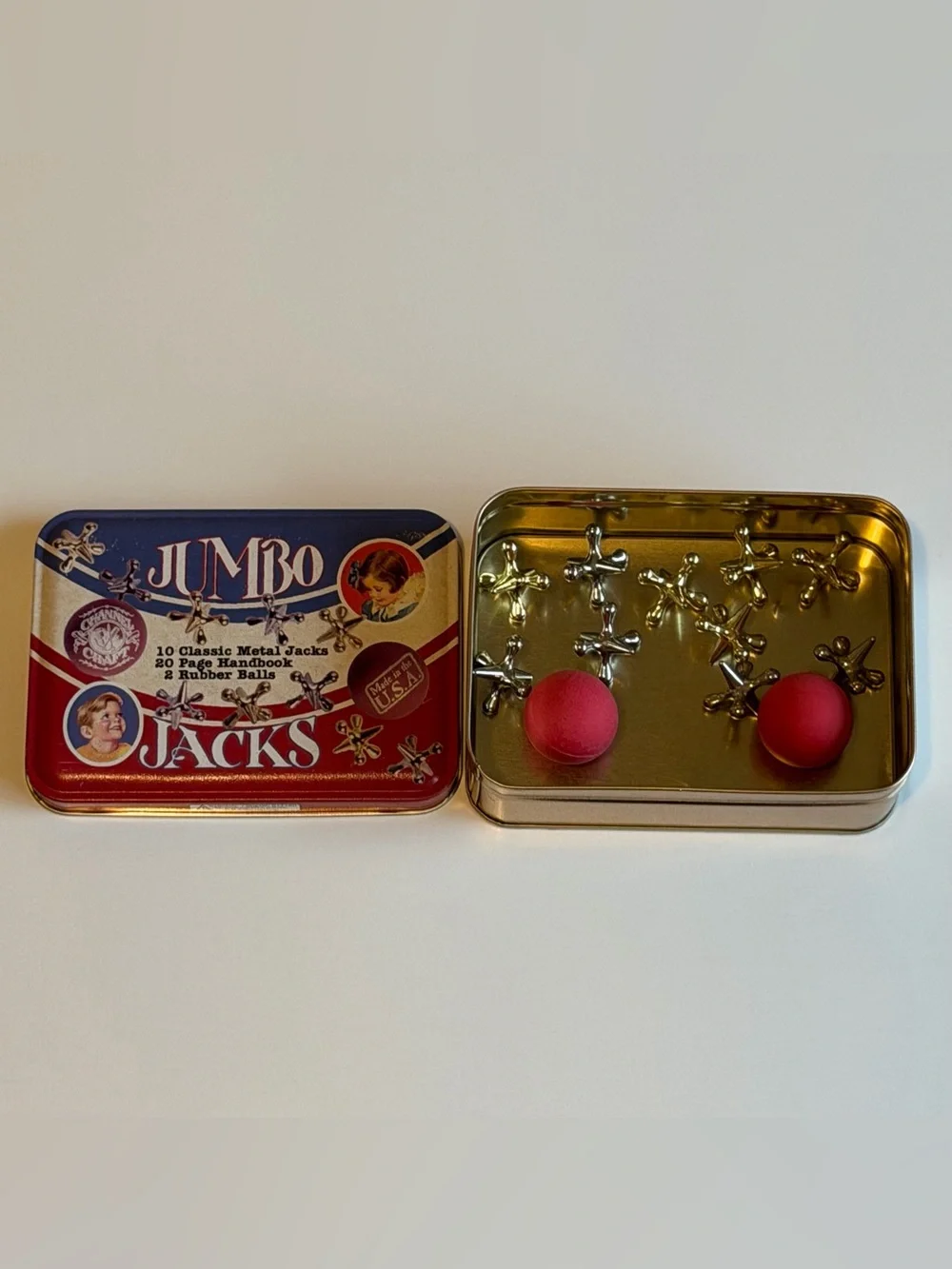 Vintage 2000 Channel Craft Jumbo Jacks Tin Game Complete 10 Metal Jacks 2 Balls